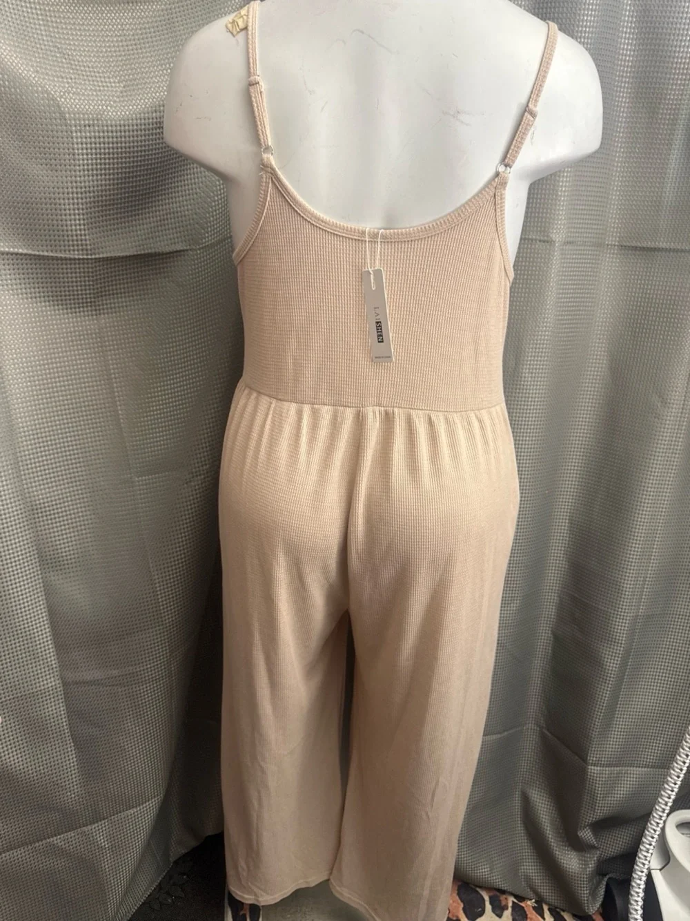 Beige Ribbed Spaghetti-Strap Jumpsuit